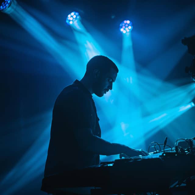 A man playing house music on electronic piano in the center of the stage