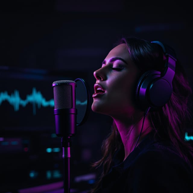 A woman singing in a studio with audio waves in the background
